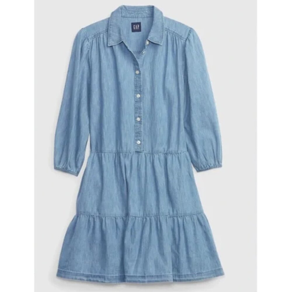 NEW Gap Puff Sleeve Denim Mini Shirtdress M Tall Long Chambray Tiered Boho $80 - Picture 3 of 15